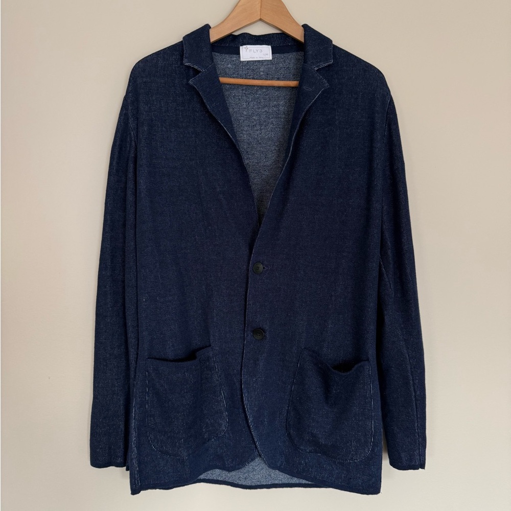 FLY3 Men's Linen and Cotton Navy Knit Ghost Blazer Jacket Sz M Made in Italy